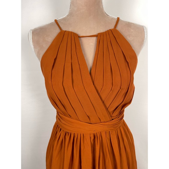 SOLD High Neck Chiffon Long Bridesmaid Dress Burnt Orange Chiffon Waist Tie - Picture 2 of 12
